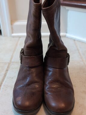 Women's Brown Leather Mid-Calf Buckle Boots